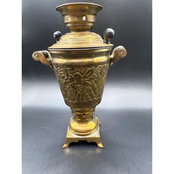 Rustic Mini Small 6” Somovar Intricate Grape and Floral Design Bronze Color - Picture 4 of 4